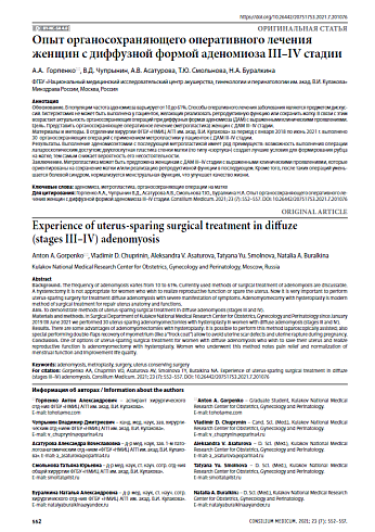 Опыт органосохраняющего оперативного лечения женщин с диффузной формой аденомиоза III–IV стадии