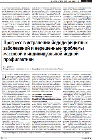 Прогресс в устранении йододефицитных заболеваний и нерешенные проблемы массовой и индивидуальной йодной  профилактики