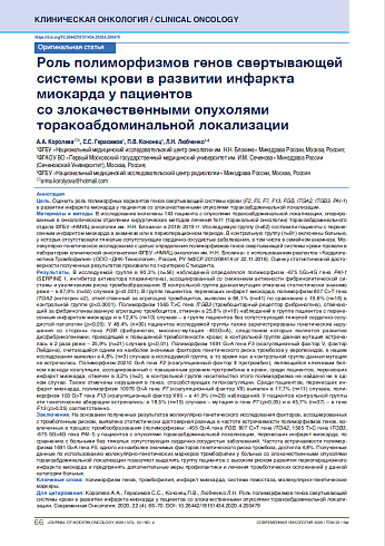 Роль полиморфизмов генов свертывающей системы крови в развитии инфаркта миокарда у пациентов со злокачественными опухолями торакоабдоминальной локализации
