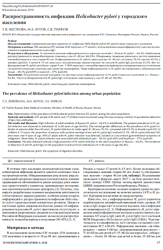 Распространенность инфекции Helicobacter pylori у городского  населения