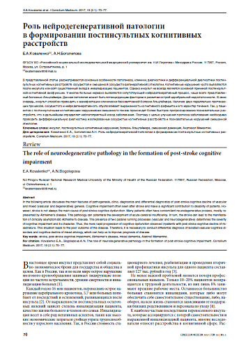 Роль нейродегенеративной патологии в формировании постинсультных когнитивных расстройств