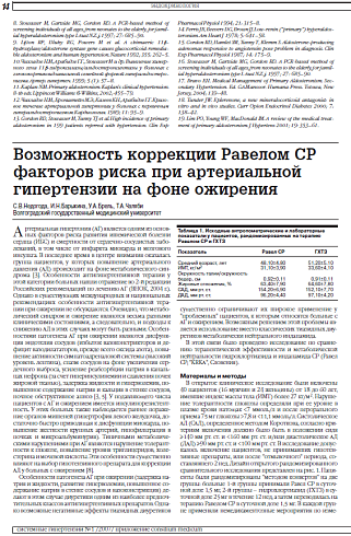 Возможность коррекции Равелом СР факторов риска при артериальной гипертензии на фоне ожирения 