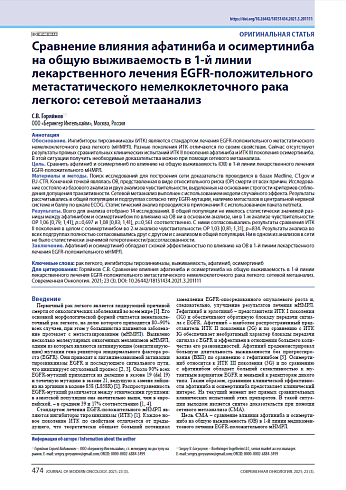 Сравнение влияния афатиниба и осимертиниба на общую выживаемость в 1-й линии лекарственного лечения EGFR-положительного метастатического немелкоклеточного рака легкого: сетевой метаанализ