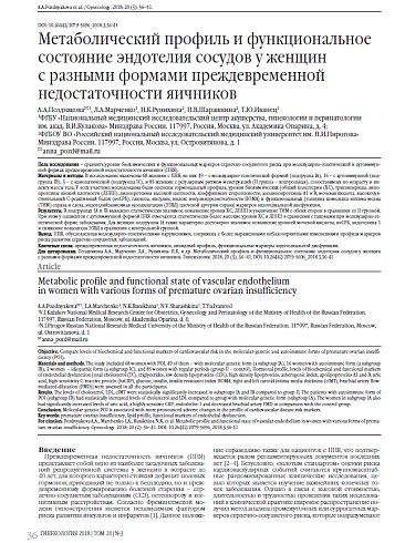 Метаболический профиль и функциональное состояние эндотелия сосудов у женщин  с разными формами преждевременной недостаточности яичников