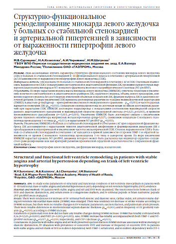 Структурно-функциональное ремоделирование миокарда левого желудочка у больных со стабильной стенокардией и артериальной гипертензией в зависимости от выраженности гипертрофии левого желудочка