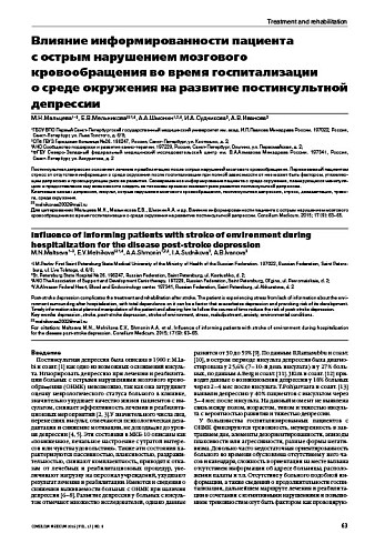 Влияние информированности пациента  с острым нарушением мозгового кровообращения во время госпитализации  о среде окружения на развитие постинсультной депрессии