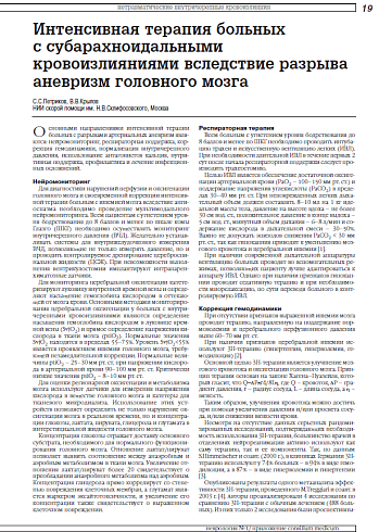 Интенсивная терапия больных с субарахноидальными кровоизлияниями вследствие разрыва аневризм головного мозга
