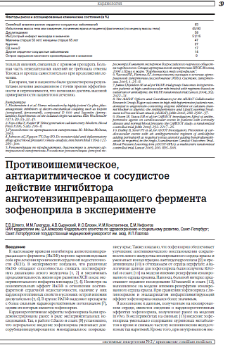 Противоишемическое, антиаритмическое и сосудистое действие ингибитора ангиотензинпревращающего фермента зофеноприла в эксперименте