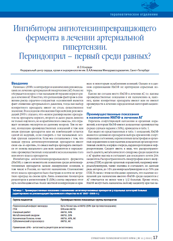 Ингибиторы ангиотензинпревращающего фермента в лечении артериальной гипертензии. Периндоприл – первый среди равных?