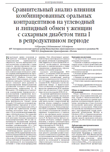 Сравнительный анализ влияния комбинированных оральных контрацептивов на углеводный  и липидный обмен у женщин  с сахарным диабетом типа I  в репродуктивном периоде