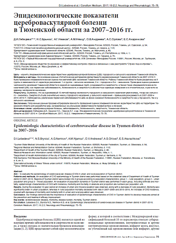 Эпидемиологические показатели цереброваскулярной болезни в Тюменской области за 2007–2016 гг.