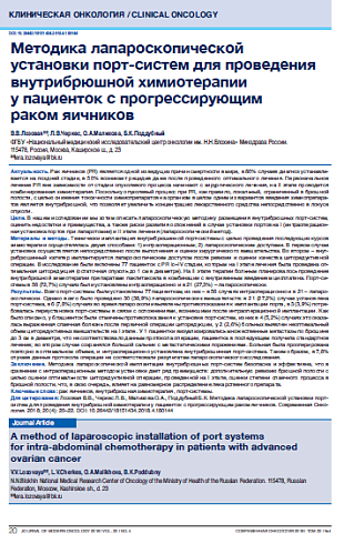 Методика лапароскопической  установки порт-систем для проведения внутрибрюшной химиотерапии  у пациенток с прогрессирующим  раком яичников