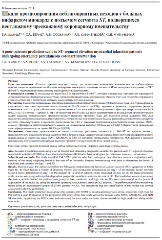 Шкала прогнозирования неблагоприятных исходов у больных инфарктом миокарда с подъемом сегмента ST, подвергшихся неотложному чрескожному коронарному вмешательству