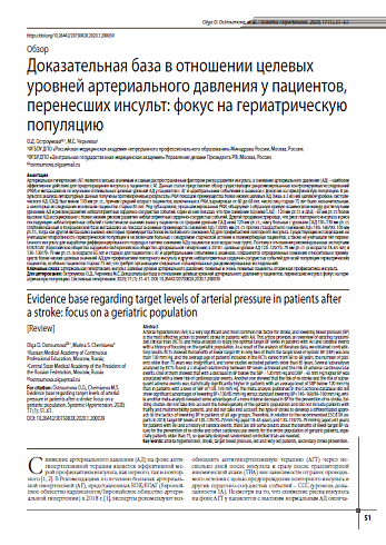 Доказательная база в отношении целевых уровней артериального давления у пациентов, перенесших инсульт: фокус на гериатрическую популяцию