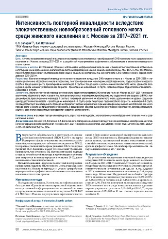 Интенсивность повторной инвалидности вследствие злокачественных новообразований головного мозга среди женского населения в г. Москве за 2017–2021 гг.