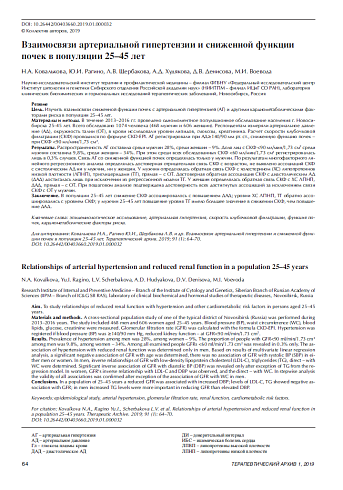 Взаимосвязи артериальной гипертензии и сниженной функции почек в популяции 25–45 лет