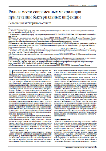 Роль и место современных макролидов при лечении бактериальных инфекций Резолюция экспертного совета