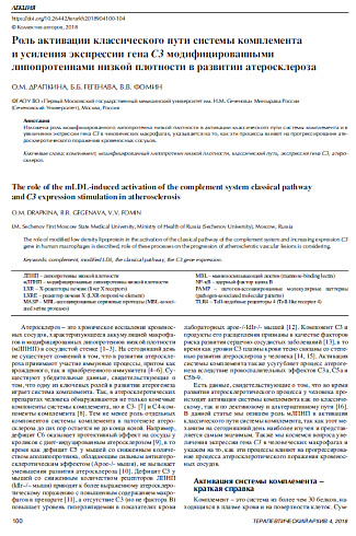 Роль активации классического пути системы комплемента  и усиления экспрессии гена С3 модифицированными  липопротеинами низкой плотности в развитии атеросклероза