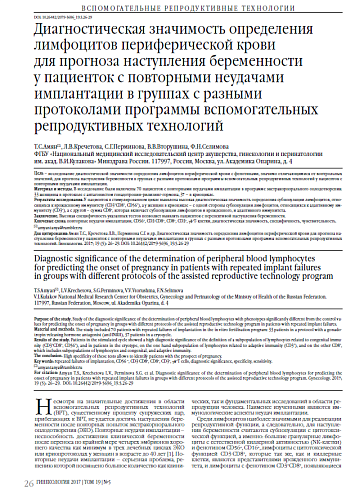 Диагностическая значимость определения лимфоцитов периферической крови  для прогноза наступления беременности  у пациенток с повторными неудачами имплантации в группах с разными протоколами программы вспомогательных репродуктивных технологий