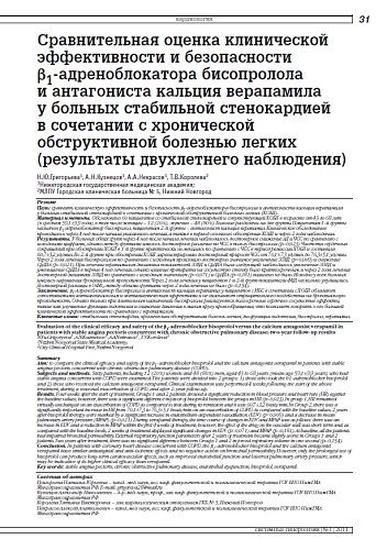 Сравнительная оценка клинической эффективности и безопасности b1-адреноблокатора бисопролола и антагониста кальция верапамила у больных стабильной стенокардией в сочетании с хронической обструктивной болезнью легких (результаты двухлетнего наблюдения)