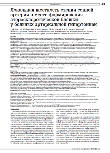 Локальная жесткость стенки сонной артерии в месте формирования атеросклеротической бляшки у больных артериальной гипертонией