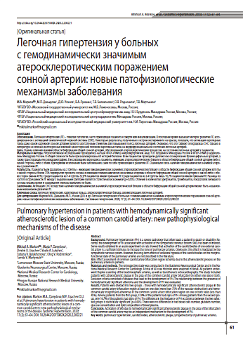 Легочная гипертензия у больных  с гемодинамически значимым атеросклеротическим поражением  сонной артерии: новые патофизиологические механизмы заболевания