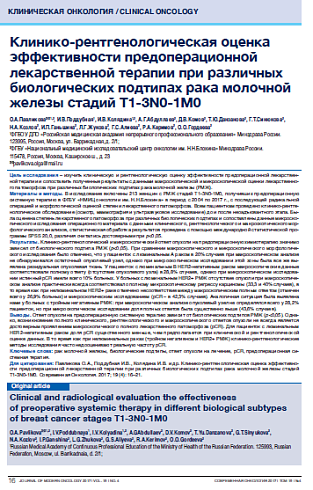 Клинико-рентгенологическая оценка эффективности предоперационной лекарственной терапии при различных биологических подтипах рака молочной железы стадий T1-3N0-1M0