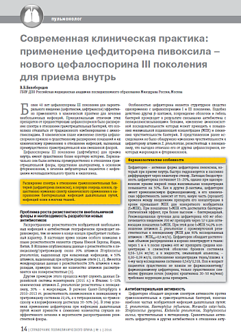 Современная клиническая практика: применение цефдиторена пивоксила – нового цефалоспорина III поколения для приема внутрь