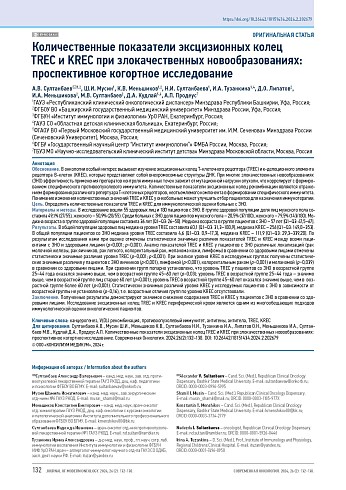 Количественные показатели эксцизионных колец TREC и KREC при злокачественных новообразованиях: проспективное когортное исследование