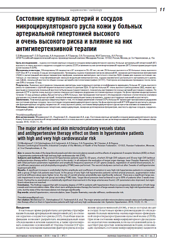 Состояние крупных артерий и сосудов микроциркуляторного русла кожи у больных артериальной гипертонией высокого  и очень высокого риска и влияние на них антигипертензивной терапии