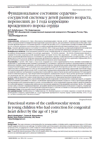Функциональное состояние сердечно-сосудистой системы у детей раннего возраста, перенесших до 1 года коррекцию врожденного порока сердца