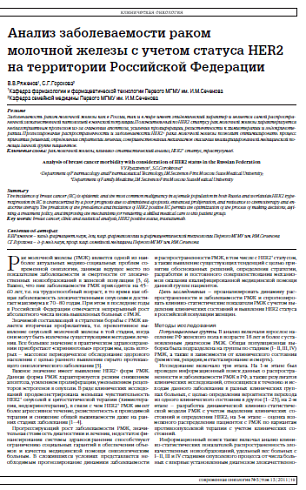 Анализ заболеваемости раком  молочной железы с учетом статуса HER2 на территории Российской Федерации