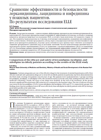 Сравнение эффективности и безопасности лерканидипина, лацидипина и нифедипина у пожилых пациентов. По результатам исследования ELLE