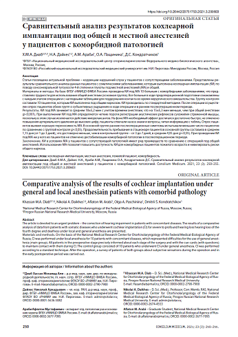 Сравнительный анализ результатов кохлеарной имплантации под общей и местной анестезией у пациентов с коморбидной патологией