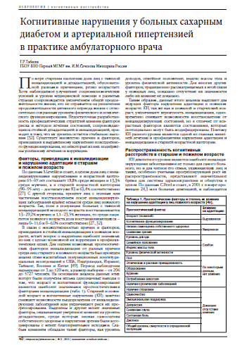 Когнитивные нарушения у больных сахарным диабетом и артериальной гипертензией  в практике амбулаторного врача
