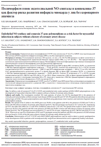 Полиморфизм генов эндотелиальной NO-синтазы и коннексина-37 как фактор риска развития инфаркта миокарда у лиц без коронарного анамнеза