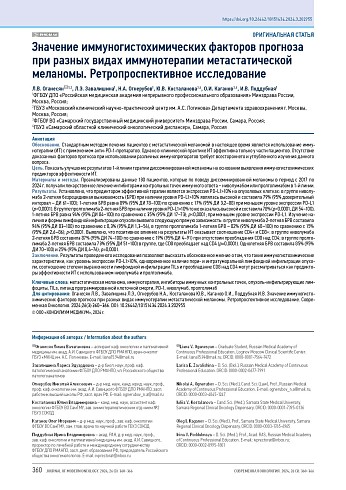 Значение иммуногистохимических факторов прогноза при разных видах иммунотерапии метастатической меланомы. Ретропроспективное исследование