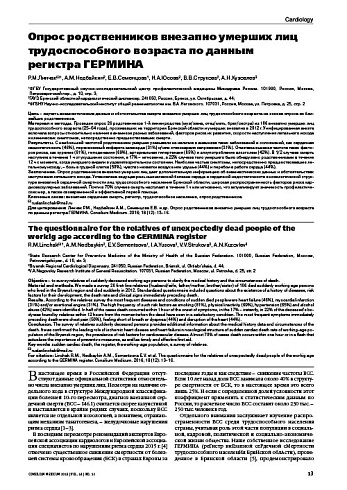Опрос родственников внезапно умерших лиц трудоспособного возраста по данным  регистра ГЕРМИНА
