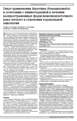 Опыт применения Авастина (бевацизумаба) в сочетании с химиотерапией в лечении распространенных форм немелкоклеточного рака легкого в отделении торакальной онкологии