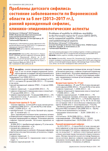 Проблемы детского сифилиса:  состояние заболеваемости по Воронежской области за 5 лет (2013–2017 гг.),  ранний врожденный сифилис,  клинико-эпидемиологические аспекты
