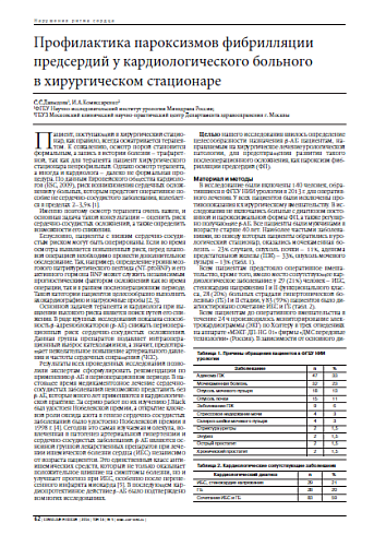 Профилактика пароксизмов фибрилляции предсердий у кардиологического больного  в хирургическом стационаре
