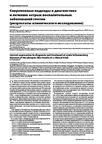 Современные подходы к диагностике  и лечению острых воспалительных заболеваний глотки  (результаты клинического исследования)