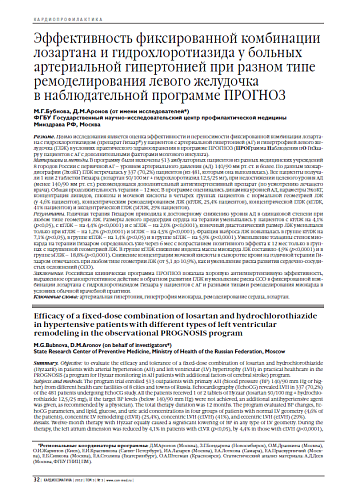 Эффективность фиксированной комбинации лозартана и гидрохлоротиазида у больных артериальной гипертонией при разном типе ремоделирования левого желудочка в наблюдательной программе ПРОГНОЗ