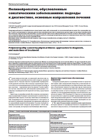 Полинейропатии, обусловленные соматическими заболеваниями: подходы  к диагностике, основные направления лечения
