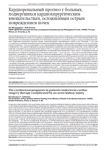 Кардиоренальный прогноз у больных, подвергшихся кардиохирургическим вмешательствам, осложненным острым повреждением почек