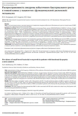 Распространенность синдрома избыточного бактериального роста в тонкой кишке у пациентов с функциональной диспепсией: метаанализ