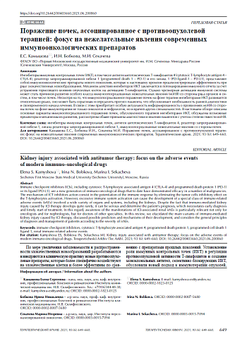 Поражение почек, ассоциированное с противоопухолевой терапией: фокус на нежелательные явления современных иммуноонкологических препаратов