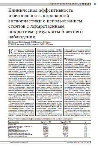 Клиническая эффективность и безопасностькоронарной ангиопластики с использованиемстентов с лекарственным покрытием:результаты 5-летнего наблюдения 