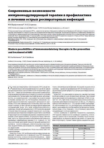 Современные возможности иммуномодулирующей терапии в профилактике  и лечении острых респираторных инфекций