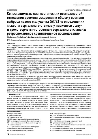 Сопоставимость диагностических возможностей отношения времени ускорения к общему времени выброса левого желудочка (AT/ET) в определении тяжести аортального стеноза у пациентов с дву- и трёхстворчатым строением аортального клапана